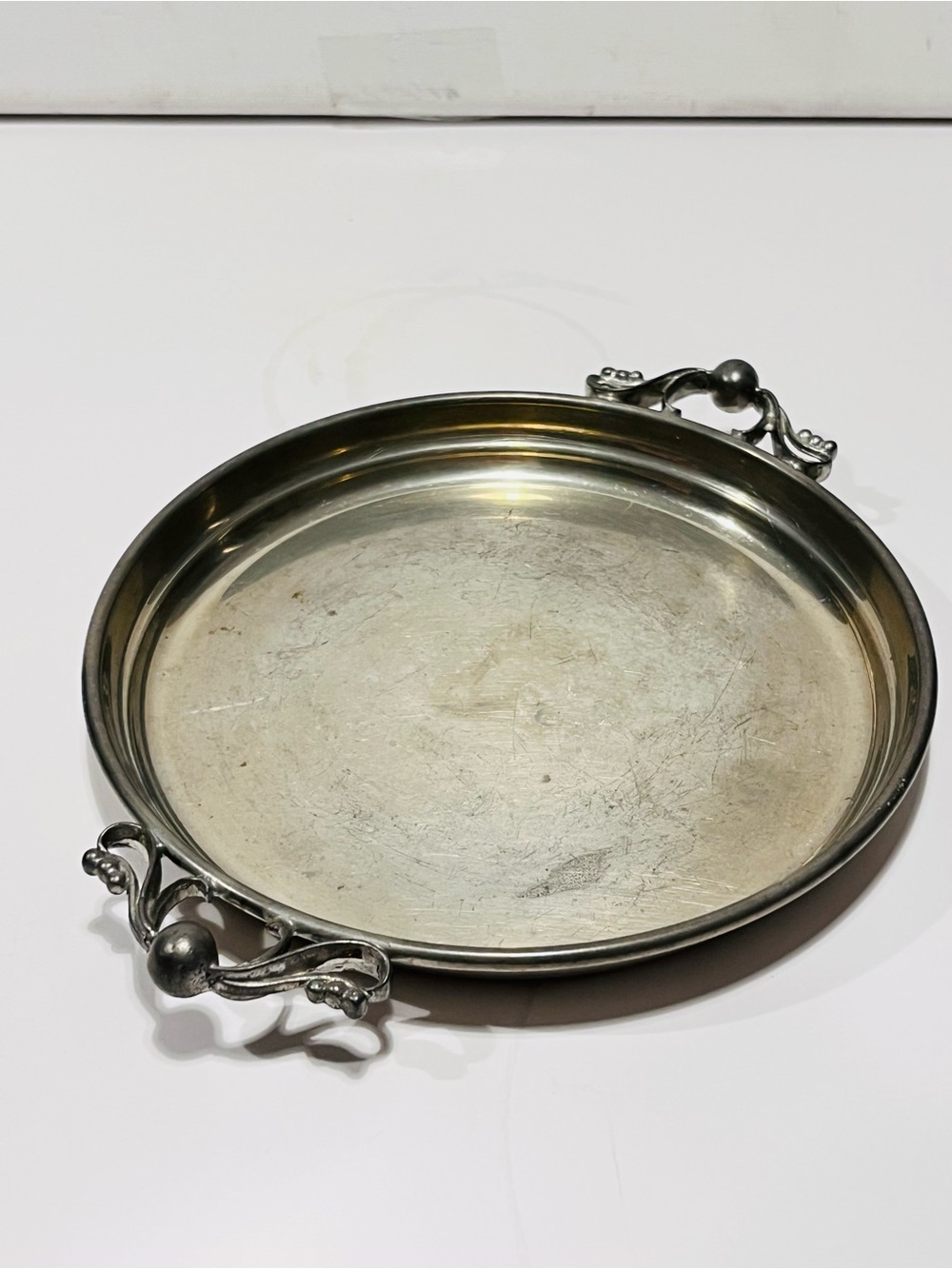 Vintage Shirley Handmade Pewter Serving Tray Ornate Handles 5” Diameter Stamped